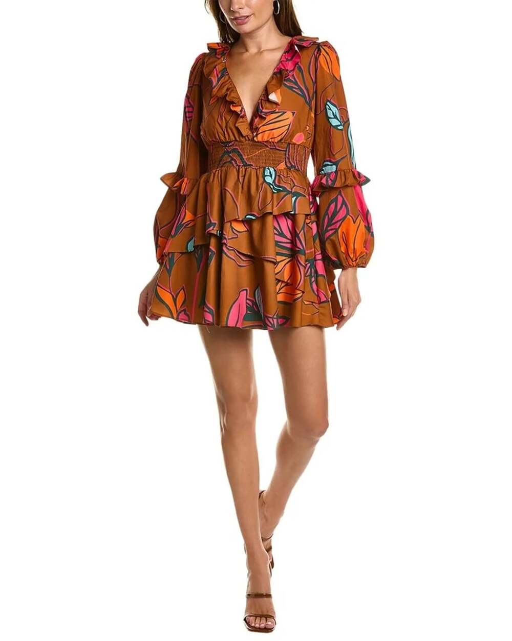 HUTCH Breonna Size XL Brown Floral Ruffle Mini Dress Boho Feminine Contemporary